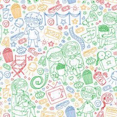 Online cinema. Vector pattern with movie icons.