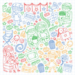 Online cinema. Vector pattern with movie icons.