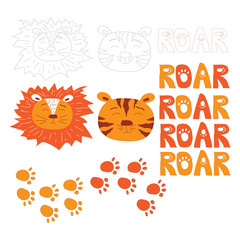Set of colourful cartoon head of animals lions and tiger, lettering ROAR, animal footprint doodle, isolated on white background. Design for posters, cards, t-shirts, newborn, children's illustration.
