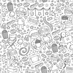 Vector pattern with cinema icons of movie theater, TV, popcorn, video clip. Kindergarten and school children watching movies.