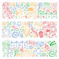Fototapeta na wymiar Vector pattern with cinema icons of movie theater, TV, popcorn, video clip. Kindergarten and school children watching movies.