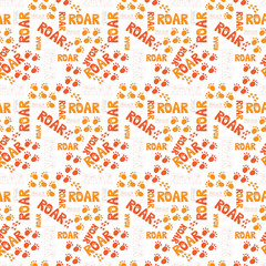 Seamless colourful pattern with cartoon lettering ROAR and animal footprint, doodle style isolated on white background. Design for posters, cards, t-shirts, newborn, children's illustration.