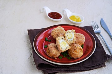 Scottish eggs, boiled quail eggs in minced chicken on a red clay plate on a light concrete background. Can be served as a starter or main course. Recipes with eggs.