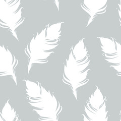 White feather silhoutte isolated on gray background. Seamless pattern. Vector illustration