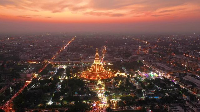 Aerial point of interest of Landmark Bird's-eye view of Golden pagoda Phra Pathom Chedi of Nakhon Pathom province, Thailand