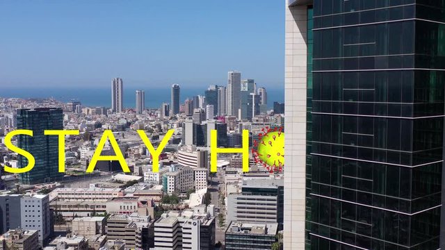 Coronavirus Covid-19 Stay home Title over Large city Skycrapers
Global health warning scare spreading infections concept digital composite.
