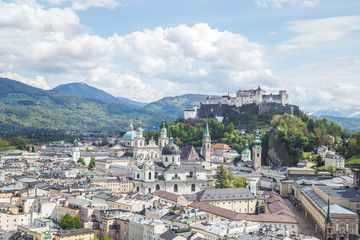 Fototapeta na wymiar Salzburg summer time: Panoramic city landscape with Salzach and historic district