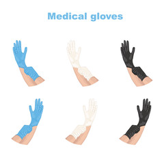 Hands in sterile medical gloves set. Blue, white and black gloves vector illustration.