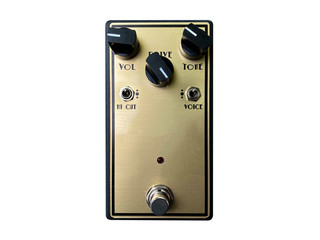 Isolated gold modern overdrive stomp box effect on white background with work path.