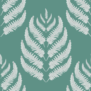 Fern leaves vector seamless pattern background. Stylized forest plant frond silver teal backdrop. Hand drawn botanical foliage design. Elegant all over print for home decor, soft furnishing