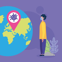 man using face masks with covid19 particle in earth planet