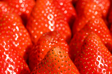 Close up view of a ripe red strawberries in a box of fruit at a farmer's market