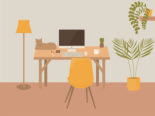 Desk with computer display, floor lamp, keyboard, mousepad, mug on it and chair 
 on cream pastel colors background. Freelance home office workplace with hanging home plants and cat on the table. Flat