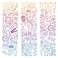 Tafelkleed Vector pattern with cinema icons of movie theater, TV, popcorn, video clip. Kindergarten and school children watching movies. © Anastasia