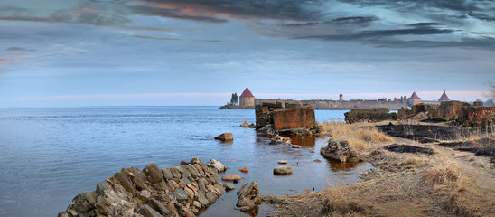 Wide-format panorama of the Oreshek fortress at the source of the Neva River