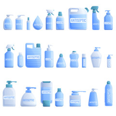 Antiseptic icons set. Cartoon set of antiseptic vector icons for web design