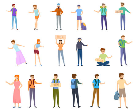 Hitchhiking icons set. Cartoon set of hitchhiking vector icons for web design