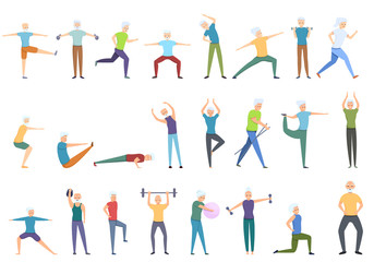 Workout seniors icons set. Cartoon set of workout seniors vector icons for web design