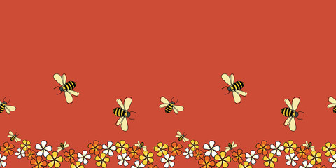 Pollinators Bees and flowers horizontal border seamless repeat Vector on red background surface design