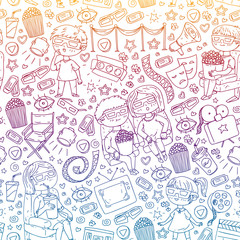 Vector pattern with cinema icons of movie theater, TV, popcorn, video clip. Kindergarten and school children watching movies.