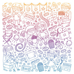 Vector pattern with cinema icons of movie theater, TV, popcorn, video clip. Kindergarten and school children watching movies.