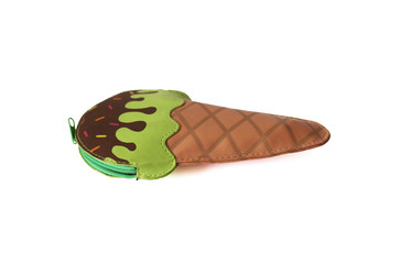 Pencil case in the form of ice cream in a cone on a white background