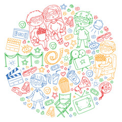 Online cinema. Vector pattern with movie icons.