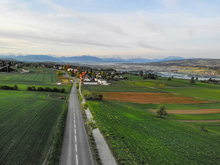 road to the horizon with mountains and green fields