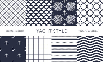 Set of nautical seamless patterns. Yacht style design. Vintage decorative background. Template for prints, wrapping paper, fabrics, flyers, banners, posters and placards. Vector illustration.  - 340660350