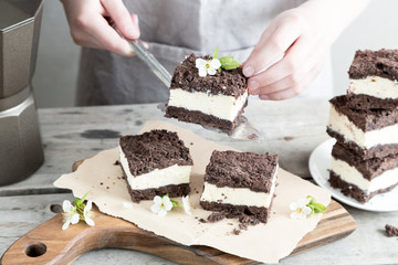Royal cheesecake with with chocolate crumbs. homemade cottage cheese dessert with chocolate dough