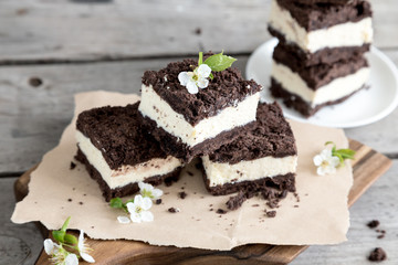 Royal cheesecake with with chocolate crumbs. homemade cottage cheese dessert with chocolate dough