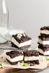Royal cheesecake with with chocolate crumbs. homemade cottage cheese dessert with chocolate dough