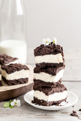 Royal cheesecake with with chocolate crumbs. homemade cottage cheese dessert with chocolate dough