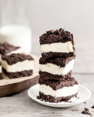 Royal cheesecake with with chocolate crumbs. homemade cottage cheese dessert with chocolate dough