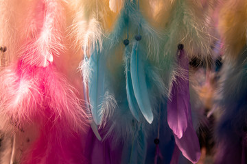 Pastel-colored background of hanging feathers. Dreamcatchers.

