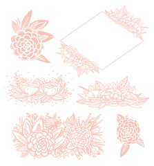 Set of pink line floral for wedding invintation. Vector blush leaves and flowers. Botanical elements for your compositions
