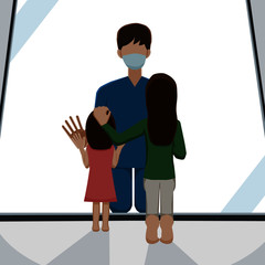 a male doctor meeting with his family behind  glass of window in order to keep social distance illustration