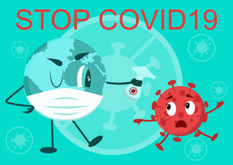 Illustration with coronavirus bacterium and the word stop