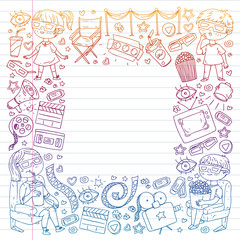Vector pattern with cinema icons of movie theater, TV, popcorn, video clip. Kindergarten and school children watching movies.