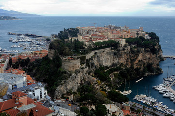 Aerial view of Monaco and its rock from the heights of the exotic garden