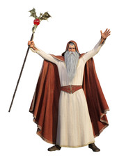 Old wizard or warlock with white beard and dragon staff in hand. Isolated on white. 3D rendering.