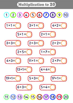 Multiplication to 20, math worksheet for kids, printable activity and homework pages
