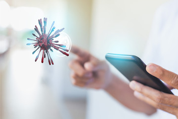 man inspection or man business engineer Hand Pointing finger push covid  hold smartphone with covid 19 ai for stop covid 19 virus covid-19 or corona protected protect people stop virus application