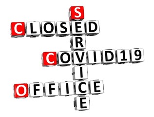 Service Office Closed Coronavirus COVID-19. 3D red-white crossword puzzle on white background. Corona Virus Creative Words.