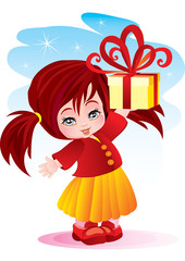 cute girl with ponytails holds on outstretched hand a small box with a red bow, isolated object on a white background, vector illustration,