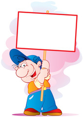 man in a blue cap holds in his hands a blank poster, cartoon, isolated object on a white background, vector illustration,
