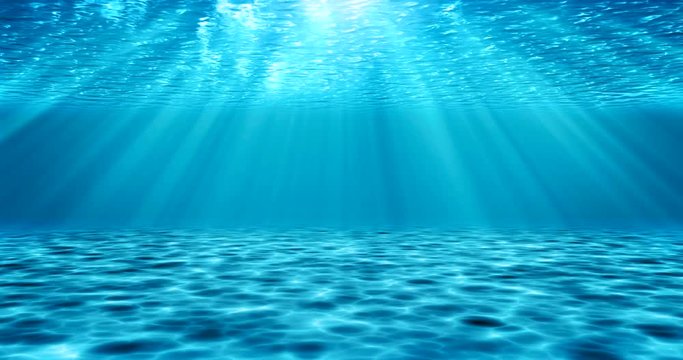 3D realistic underwater scene with light rays. Blue decorative background, animated illustration.