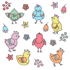 Fotobehang Set with abstract bright multicolored funny chickens, birds, flowers, leaves, berries on a white background © Elvira