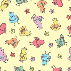 Seamless pattern with abstract bright multicolored funny chickens, birds, flowers, leaves, berries on a yellow background