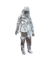 Suit color silver fire protection, protects the firefighter from high temperatures. In extreme temperature fires. Mannequin isolated on a white background...